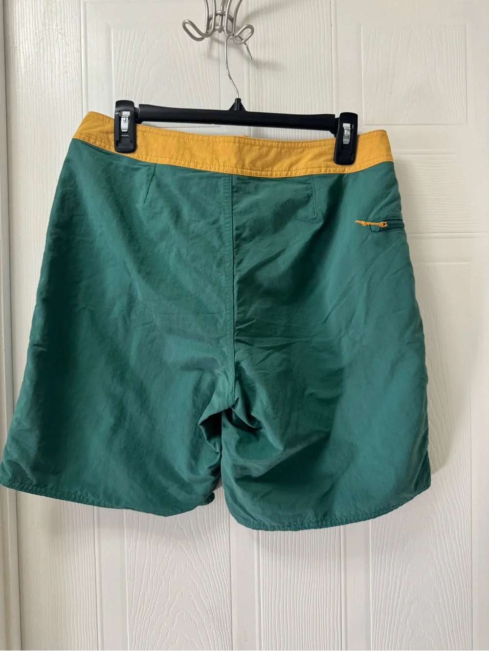 Patagonia Green Swim Board Shorts with Mustard Waistband and Blue Side Stripe